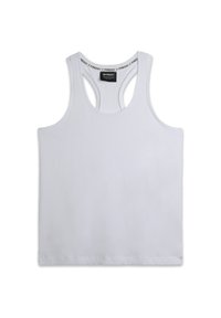 Canotta bianca senza maniche in cotone liscio, con scollo arrotondato e design racerback con etichetta del marchio stampata all'interno.