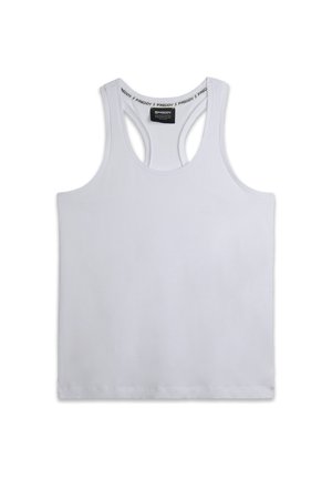 Canotta bianca senza maniche in cotone liscio, con scollo arrotondato e design racerback con etichetta del marchio stampata all'interno.