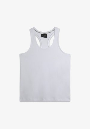 Canotta bianca senza maniche in cotone liscio, con scollo arrotondato e design racerback con etichetta del marchio stampata all'interno.