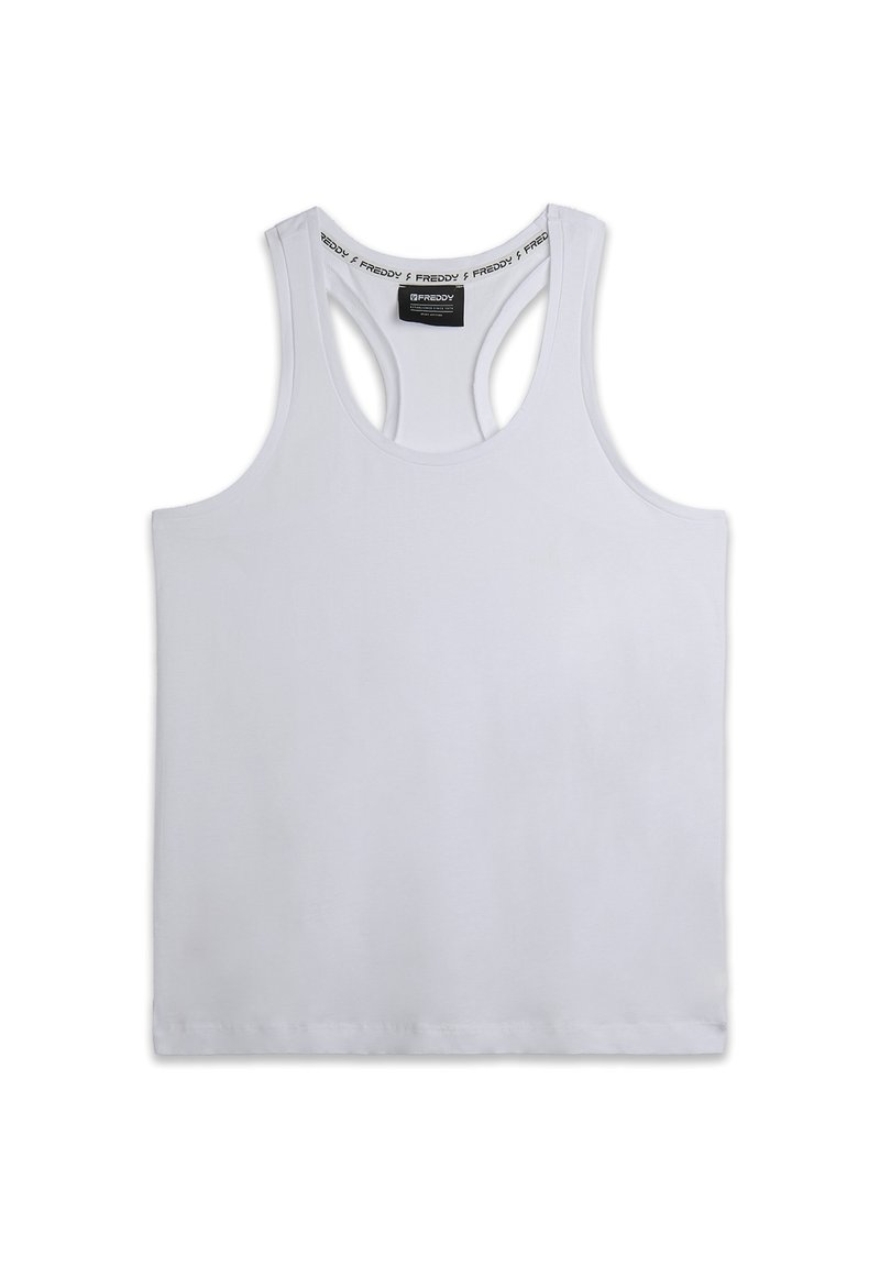 Canotta bianca senza maniche in cotone liscio, con scollo arrotondato e design racerback con etichetta del marchio stampata all'interno.