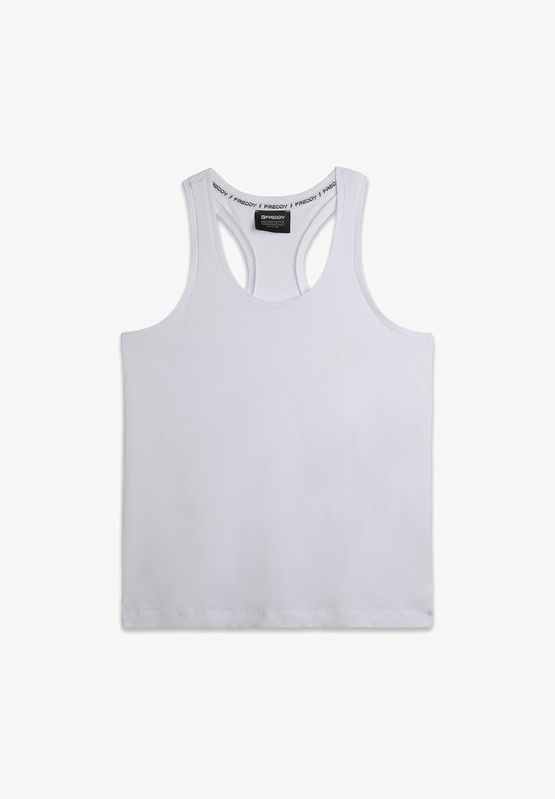 Canotta bianca senza maniche in cotone liscio, con scollo arrotondato e design racerback con etichetta del marchio stampata all'interno.