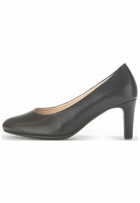 Décolleté nera in pelle con tacco alto, punta arrotondata, texture liscia e altezza del tacco moderata. Design minimalista senza motivi o accenti.