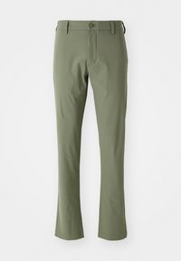 Green tailored pants with a slim fit, made from smooth fabric. Features a front zipper, button closure, and straight hems.