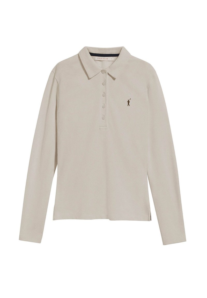 Långärmad beige polo skjorta med krage, femknappsslupp och en liten broderad golfare-logotyp på vänster bröst. Mjuk textur.
