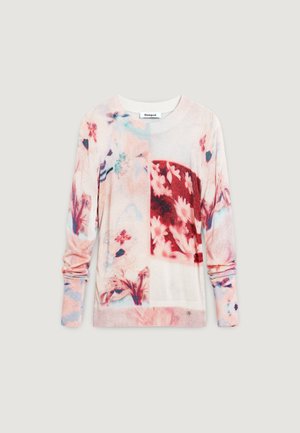 Trui met lange mouwen en ronde hals, voorzien van pastelkleurige bloemmotieven en abstracte rode en roze patronen op een lichte achtergrond.