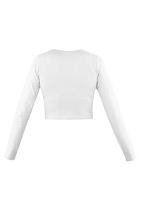 Langärmliges, verkürztes Oberteil aus glattem, weißen Stoff. Verfügt über einen runden Ausschnitt und eine taillierte Silhouette mit minimalen Nähten für einen sauberen Look.