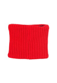 Rode gebreide nekwarmer met ribbeltextuur, cilindrische vorm en opgerolde bovenrand. Gemaakt van zacht, rekbaar materiaal voor warmte.