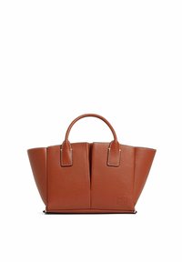 Borsa in pelle marrone con forma strutturata, due manici superiori e cuciture bianche a contrasto. Presenta un dettaglio con logo su un lato.