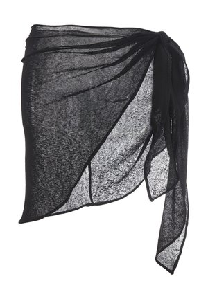 Black sheer wrap made of lightweight fabric. Flowing design with irregular edges and a knot detail at one end. Semi-transparent texture.