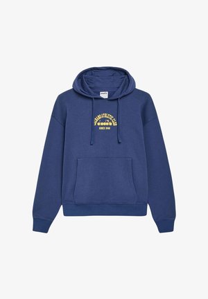 Felpa blu navy con tasca frontale, caratterizzata da un logo grafico giallo. Realizzata in tessuto morbido, con cappuccio regolabile e polsini a costine.