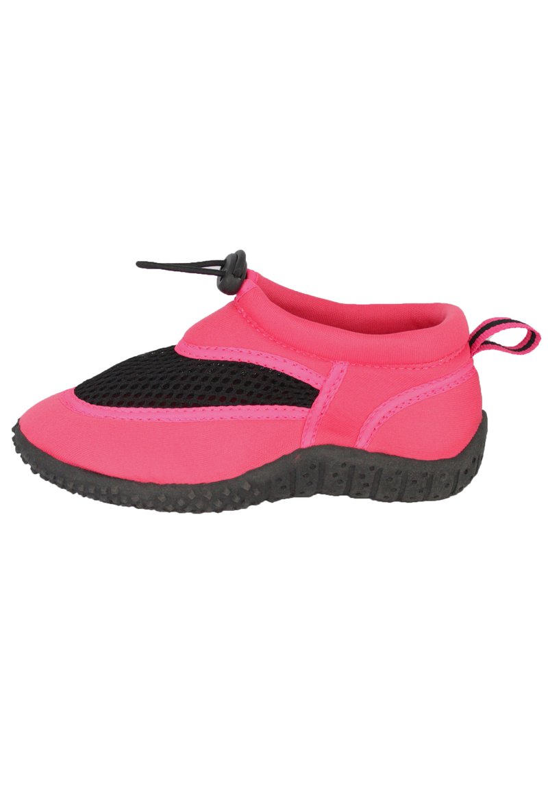 Rosa Wasserschuh mit einem schwarzen Netzbereich, elastischem Bungee-Verschluss und Gummisohle mit strukturiertem Grip für gute Traktion.