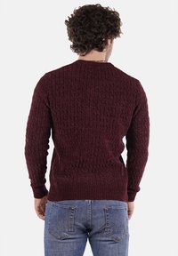 Uomo con capelli ricci che indossa un maglione a maglia testurizzato bordeaux e jeans blu, mostrato di spalle su uno sfondo bianco.