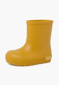 Bottillons de pluie pour tout-petits en caoutchouc jaune avec une finition lisse, une semelle texturée, un bout arrondi et un accent de logo sur le côté.