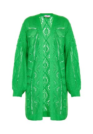Cardigan verde a maglia con vestibilità ampia. Presenta un motivo testurizzato, apertura frontale e maniche lunghe. Ideale per essere indossato a strati in diverse occasioni.