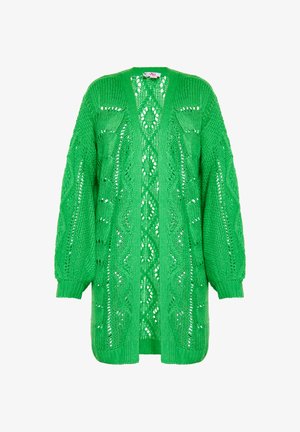 Green knit cardigan with a loose fit. Features a textured pattern, open front, and long sleeves. Ideal for layering in various settings.