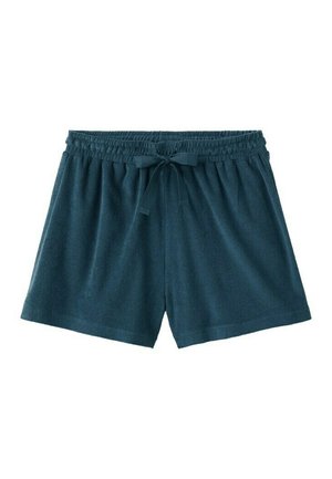 Dark teal terry cloth shorts with elastic waistband and front tie, designed for casual wear.