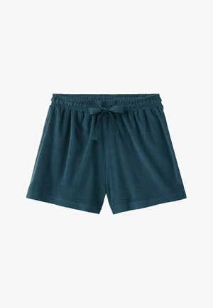 Ciemnoturkusowe spodenki z froty z elastycznym pasem i wiązaniem z przodu, zaprojektowane do noszenia na co dzień.