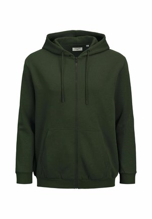 Sudadera con cremallera de color verde oscuro, hecha de un tejido suave; cuenta con capucha ajustable, bolsillos frontales y puños y dobladillo de canalé.