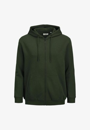 Felpa con zip verde scuro realizzata in tessuto morbido; presenta un cappuccio regolabile, tasche frontali e polsini e orlo a costine.