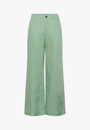 Pantalons larges en lin vert menthe avec fermeture à bouton sur le devant et deux poches avant. Texture douce et coupe ample pour le confort.