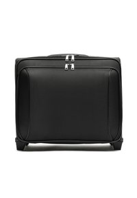 Black travel suitcase featuring a textured surface, dual zipper closure, silver hardware accents, and a rectangular shape with rounded corners.