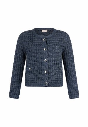 Navy blue knitted cardigan with a textured pattern, round neck, long sleeves, and silver buttons down the front. Two front pockets included.
