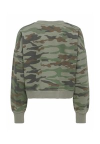Sweat-shirt à manches longues col rond avec motif camouflage vert, marron et noir, manches et bas côtelés, vu de dos.