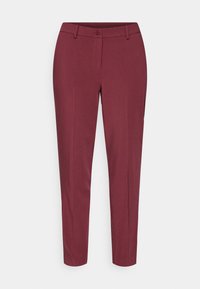Burgundy skräddarsydda byxor med en slät yta, raka ben, en framknäppning och exakta veck för en polerad look.