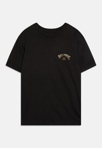 T-shirt in cotone nero con maniche corte e scollatura rotonda. Presenta un ricamo giallo sulla parte sinistra del petto con la scritta "BILLABONG."