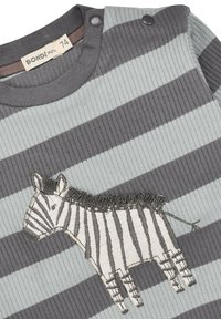 Gestreiftes Langarmhemd in Grau und Mint mit strukturierter Zebra-Applikation. Mit Schulterdrückern für ein einfaches Ankleiden.