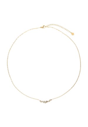 Gouden ketting met een delicate uitstraling, voorzien van een centrale versiering van kleine, ronde edelstenen. Verstelbare sluiting voor de maat.
