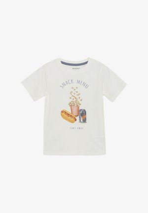 Camiseta de algodón blanca con mangas cortas que presenta un gráfico de "Menú de Snacks", que muestra palomitas de maíz, un perrito caliente y una lata de refresco.