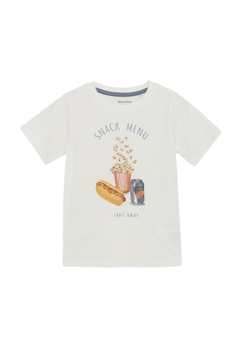 T-shirt en coton blanc à manches courtes avec un graphique "Menu des Snacks", affichant du popcorn, un hot dog et une canette de soda.