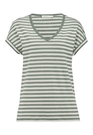 T-shirt rayé en vert clair et crème avec un col en V, des manches courtes et une coupe décontractée. Tissu doux avec une texture subtile.