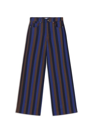 Bredere pantalon met verticale strepen in tinten blauw, bruin en donker marineblauw. Gemaakt van stof met een gladde textuur. Klassiek vijf-pocket ontwerp.