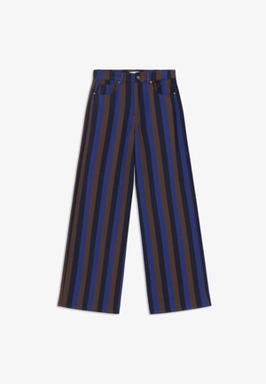Wide-leg pants featuring vertical stripes in shades of blue, brown, and dark navy. Made from fabric with a smooth texture. Classic five-pocket design.