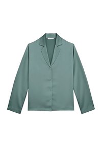 Satijnen groene button-up shirt met een ingesneden revers, lange mouwen en zes knopen aan de voorkant, met een gladde, zachte textuur.