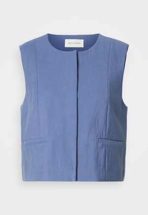 Sleeveless blue vest with a round neckline, concealed front closure, and two side welt pockets on a white background.