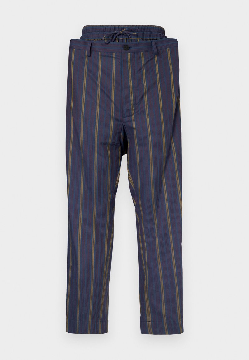 Pantaloni a righe blu navy con linee verticali multicolori, vita elastica con cordino e chiusura con bottone davanti.