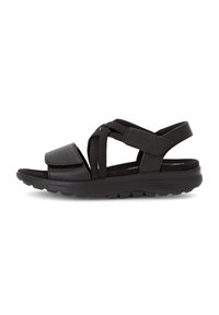 Sandalo nero con suola ammortizzata, design a cinghie incrociate e chiusure regolabili in velcro, dotato di una tomaia liscia simile al cuoio.