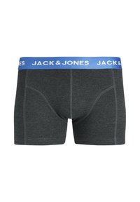 Boxers pour hommes en gris foncé avec ceinture élastique bleue portant le logo blanc "JACK & JONES", coutures plates et coupe ajustée.