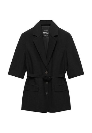 Black short-sleeve blazer made of textured fabric, featuring a notched collar, front buttons, two pockets, and a matching belt.
