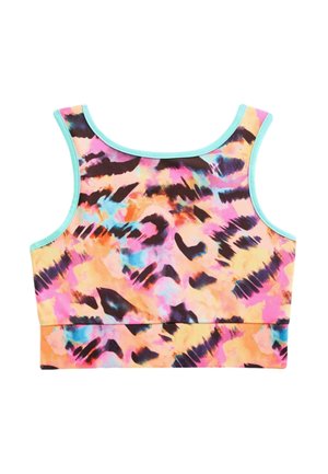 Kraťas v mnohofarebnom tie-dye vzore s ružovými, oranžovými a čiernymi odtieňmi. Mäkkučká látka s tyrkysovým lemom na dekolte a ramenných otvoroch.