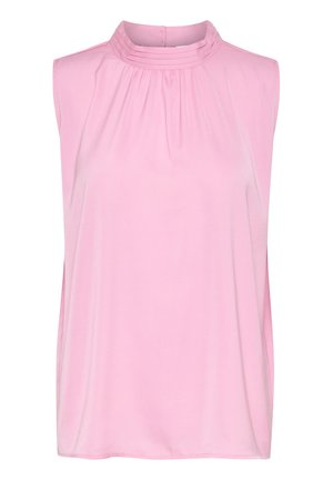 Top fără mâneci în roz pal, cu decolteu înalt și plisat. Material neted, croi lejer și tiv drept. Potrivit pentru diverse ocazii.