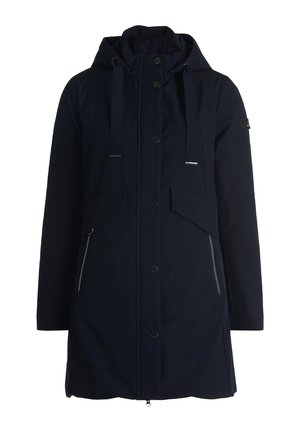 Giacca impermeabile navy con cappuccio, chiusura frontale con bottoni, due ampie tasche anteriori e dettaglio con cerniera lateralmente. Tessuto morbido.