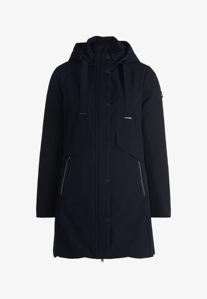 Navy wasserfeste Jacke mit Kapuze, vorderer Knopfverschluss, zwei großen Fronttaschen und Reißverschlussdetails an der Seite. Weicher Stoff.
