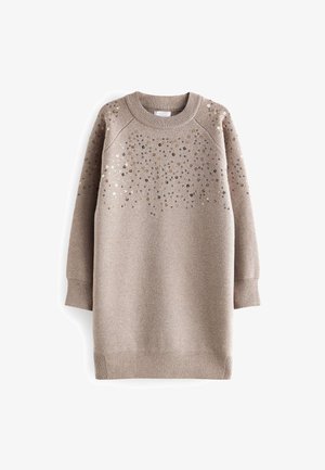 Robe pull en maille taupe à manches longues avec poignets et ourlet côtelés, décorée de sequins dorés et bronze dispersés sur le haut devant et les manches.