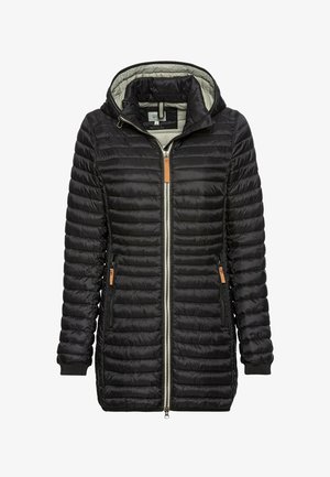 Zwarte pufferjack met capuchon, voorzien van een ritssluiting, geribde manchetten en zijzakken. Opvallende beige accenten op de rits en zak.