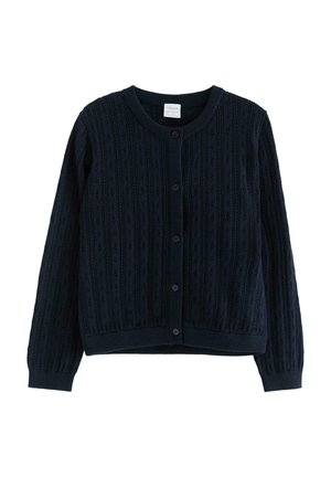 Navy knitted cardigan featuring a textured design, ribbed cuffs and hem, and a round neckline with six buttons down the front.