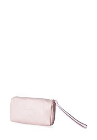 Pink leather pouch with a textured surface and a zip closure. Features a wrist strap for easy carrying. Compact rectangular shape.